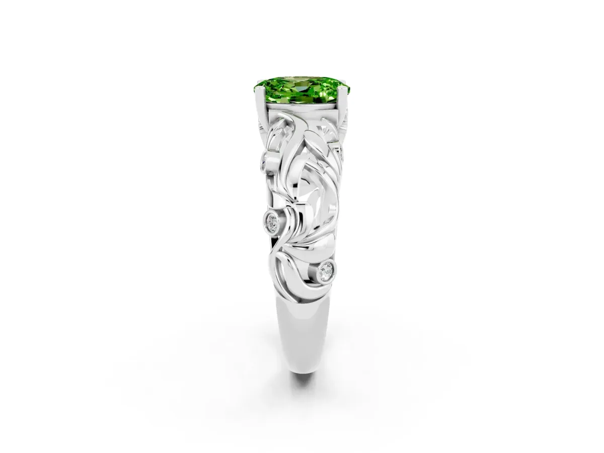 Oval Cut Solitaire Peridot Leaf-Inspired Vine Band Ring with Prong Setting White gold