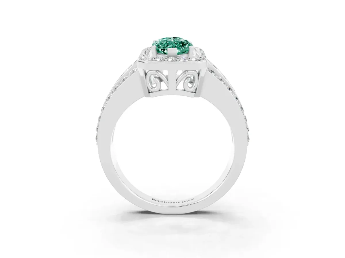 Marquise Cut Halo Green Sapphire Ring with Round Split Shank and Prong Setting Silver