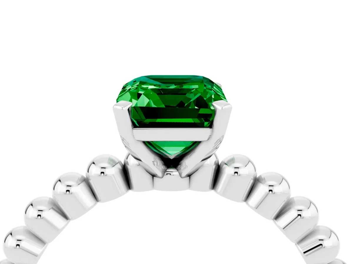 Emerald Cut Emerald Solitaire Ring with Beaded Band and Prong Setting Silver