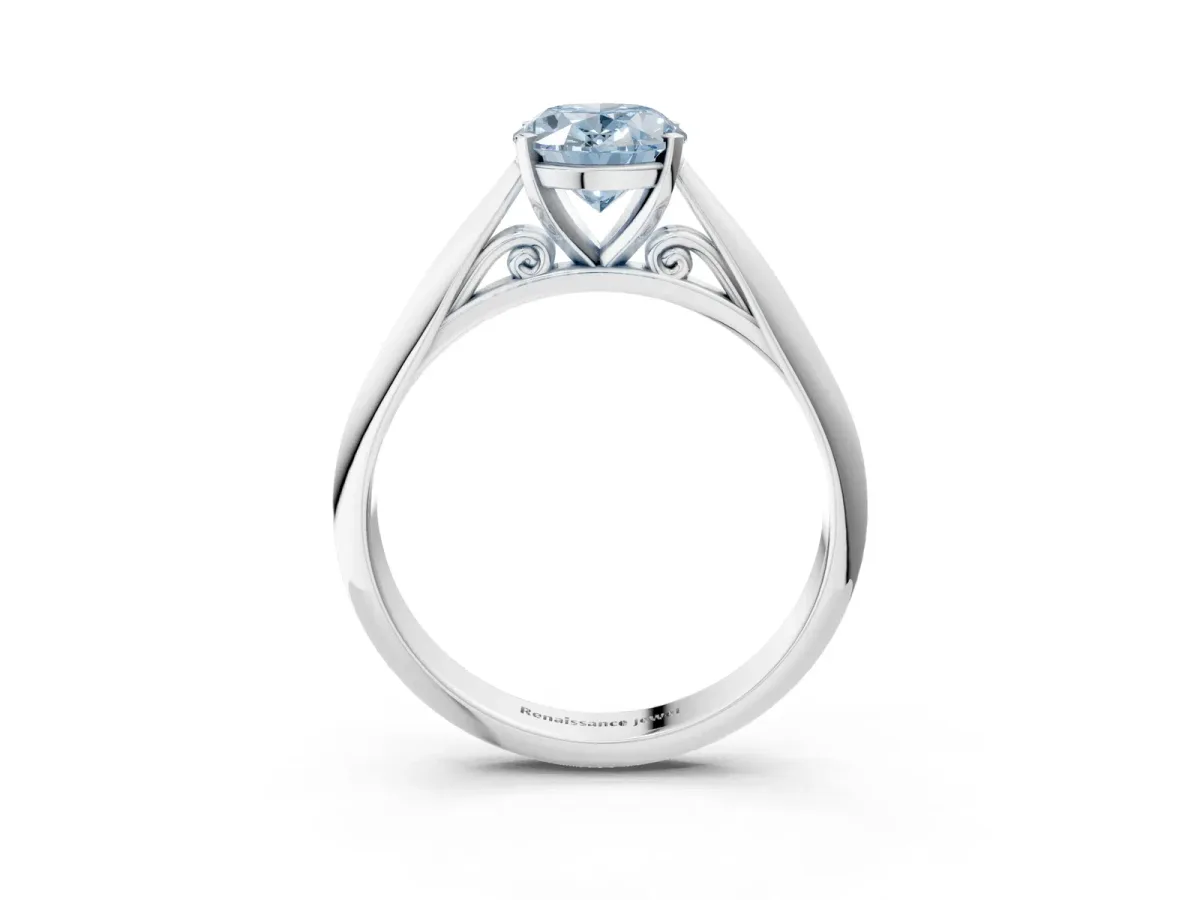 Fancy Blue Oval Cut Diamond Solitaire Engagement Ring with Cathedral Setting and Four-Prong Mount White gold