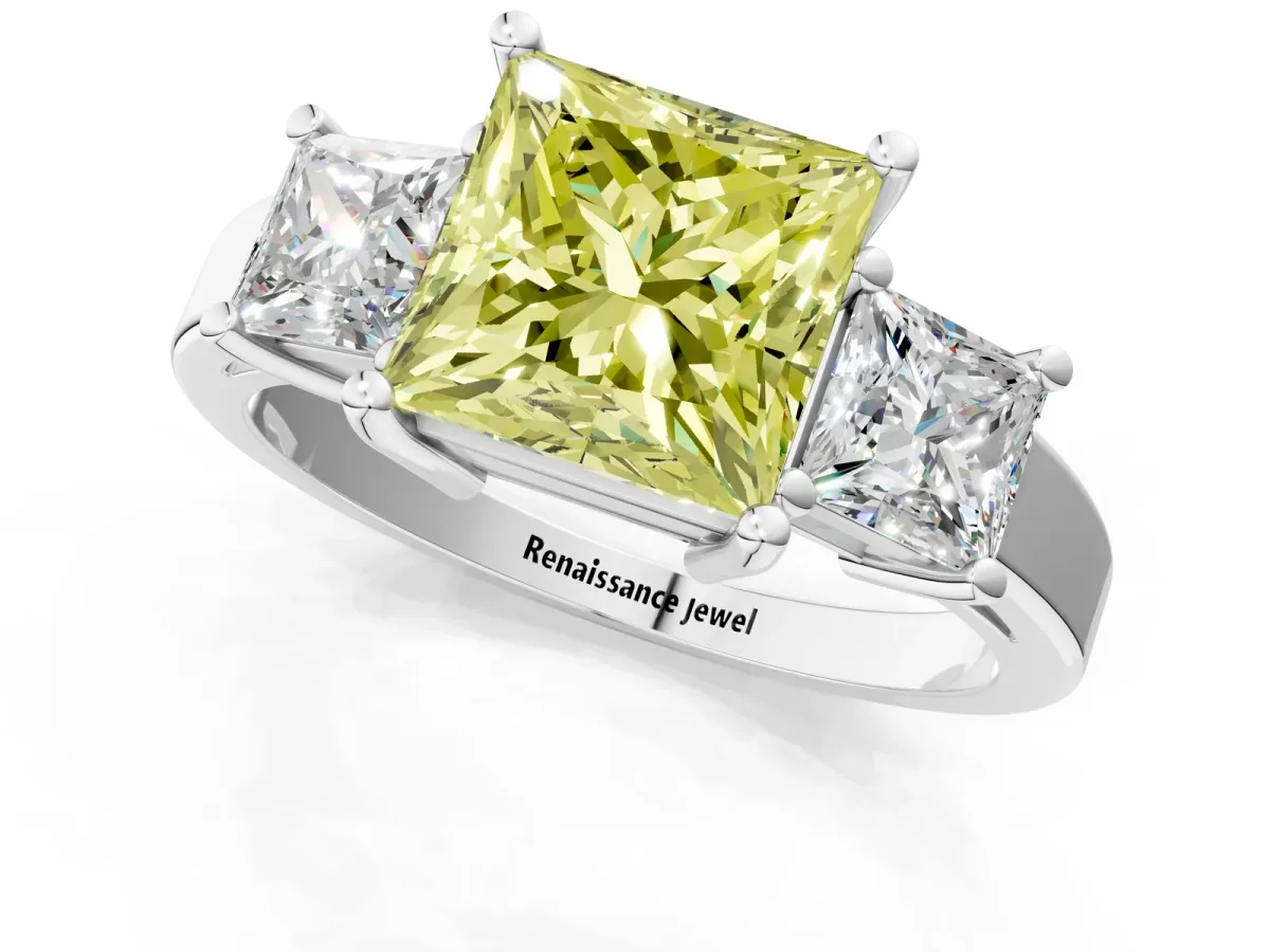 Fancy Yellow Three-Stone Princess Cut Cut Solitaire Ring with Prong Setting Platinum