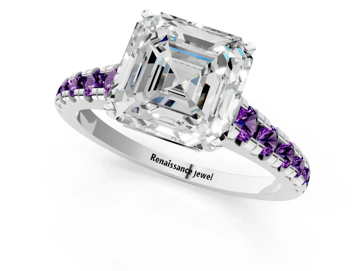 Asscher Cut Diamond Cathedral Solitaire Ring with Round Amethyst Pavé Band Silver