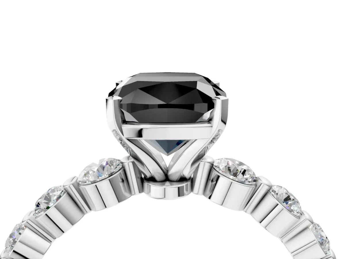 Fancy Black Cushion Cut Solitaire Diamond Ring with Pave Band and Four-Prong Setting Silver