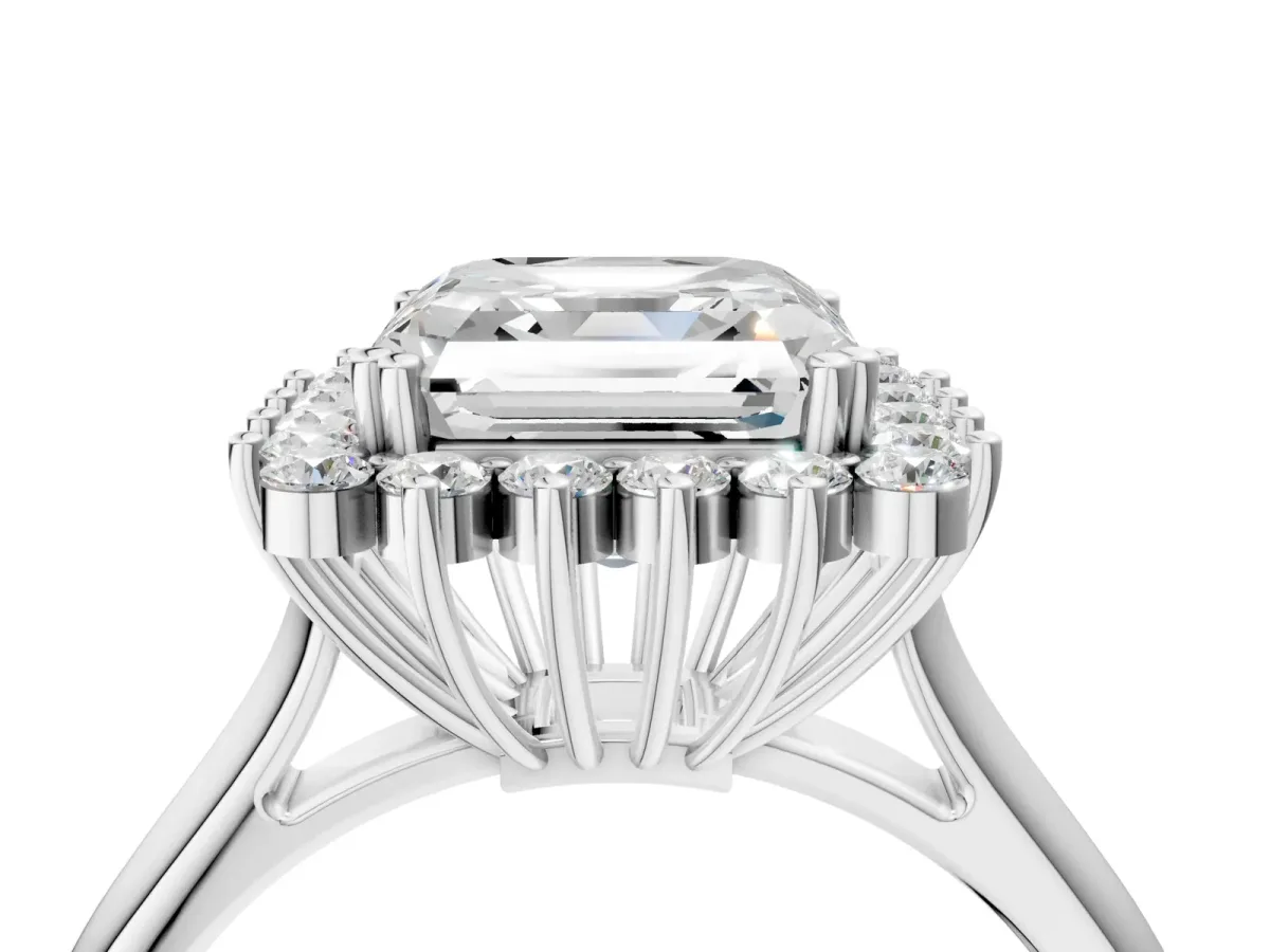 Asscher Cut Cut Diamond Halo Ring with Solitaire Band and Prong Setting Platinum