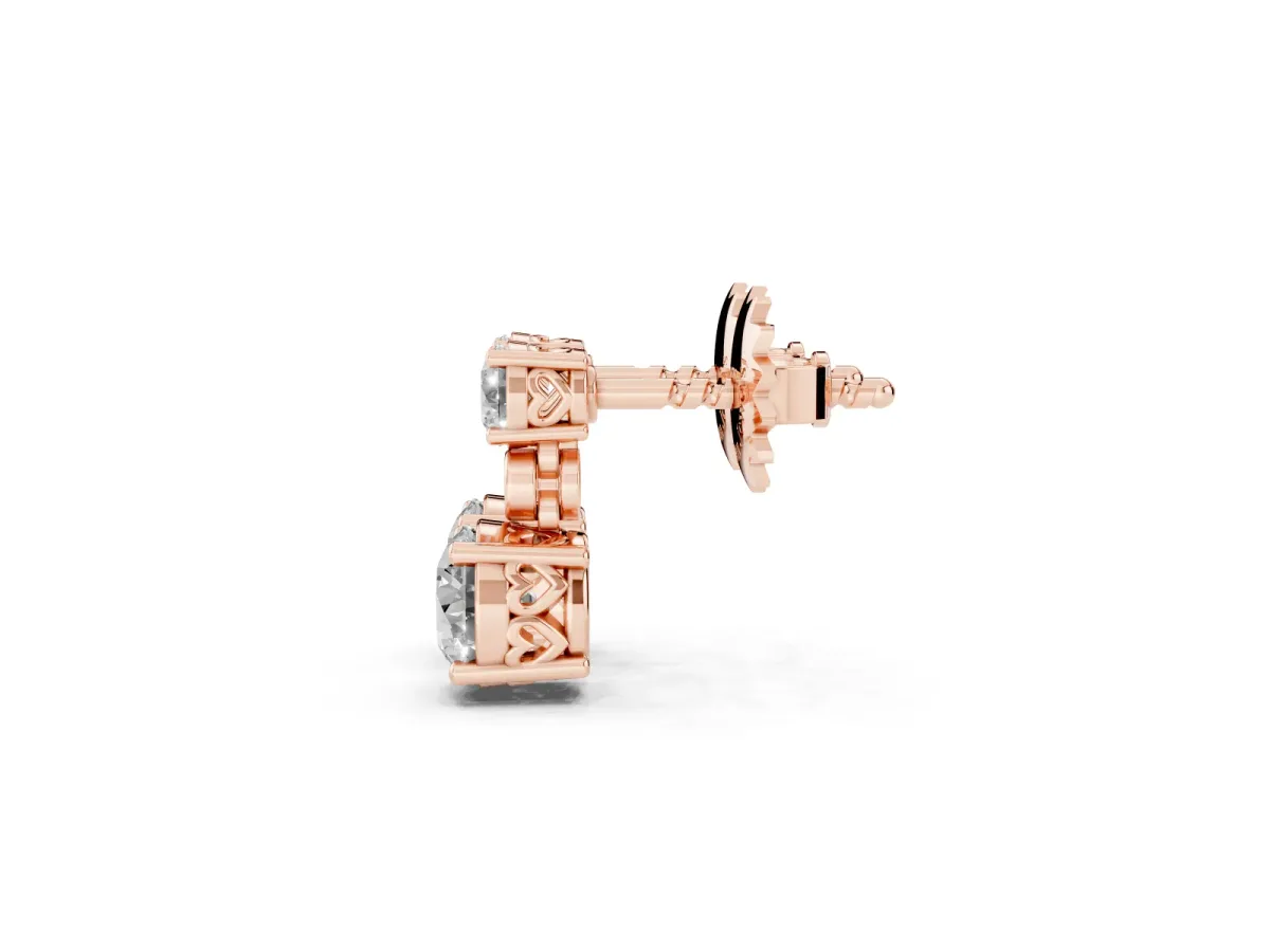 Round Diamond Two Stone Drop Earrings with Bezel Diamond Accent Rose gold
