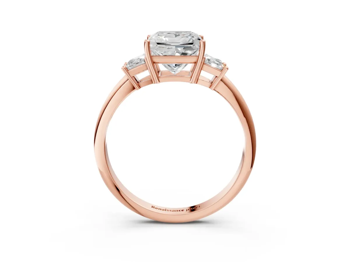 Princess Cut Diamond Three-Stone Ring with Trapezoid Side Stones and Prong Setting Rose gold