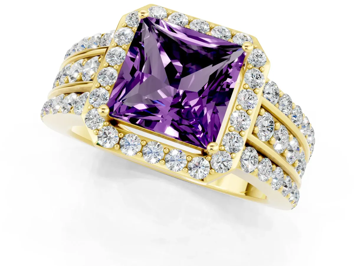 Princess Cut Halo Amethyst Ring with Round Split Shank and Prong Setting Yellow gold