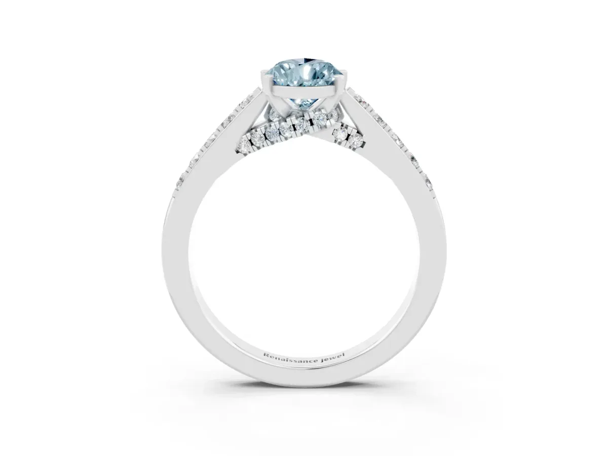 Pear Cut Aquamarine Solitaire Ring with Crossover Gallery and Round Pavé Band Silver