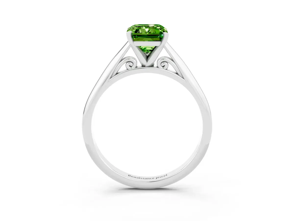 Emerald Cut Peridot Solitaire Engagement Ring with Cathedral Setting and Four-Prong Mount White gold