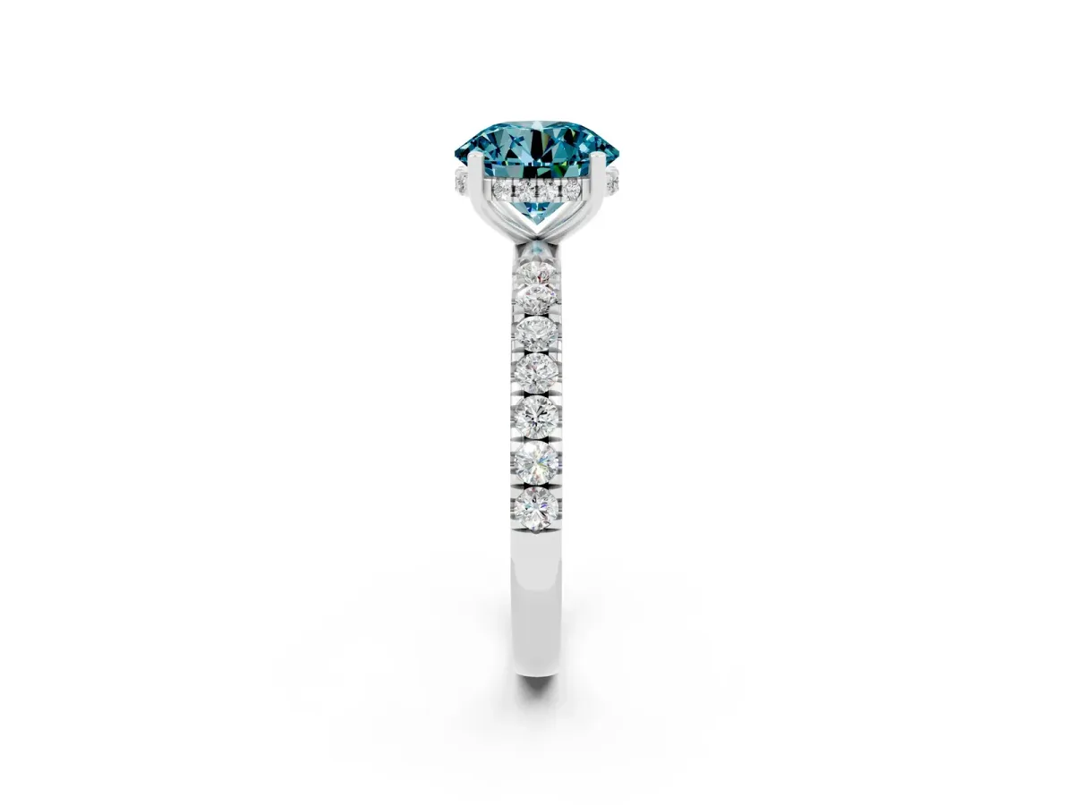 Round Cut Blue Topaz Pave Band Solitaire Ring with Round and Prong Setting Platinum