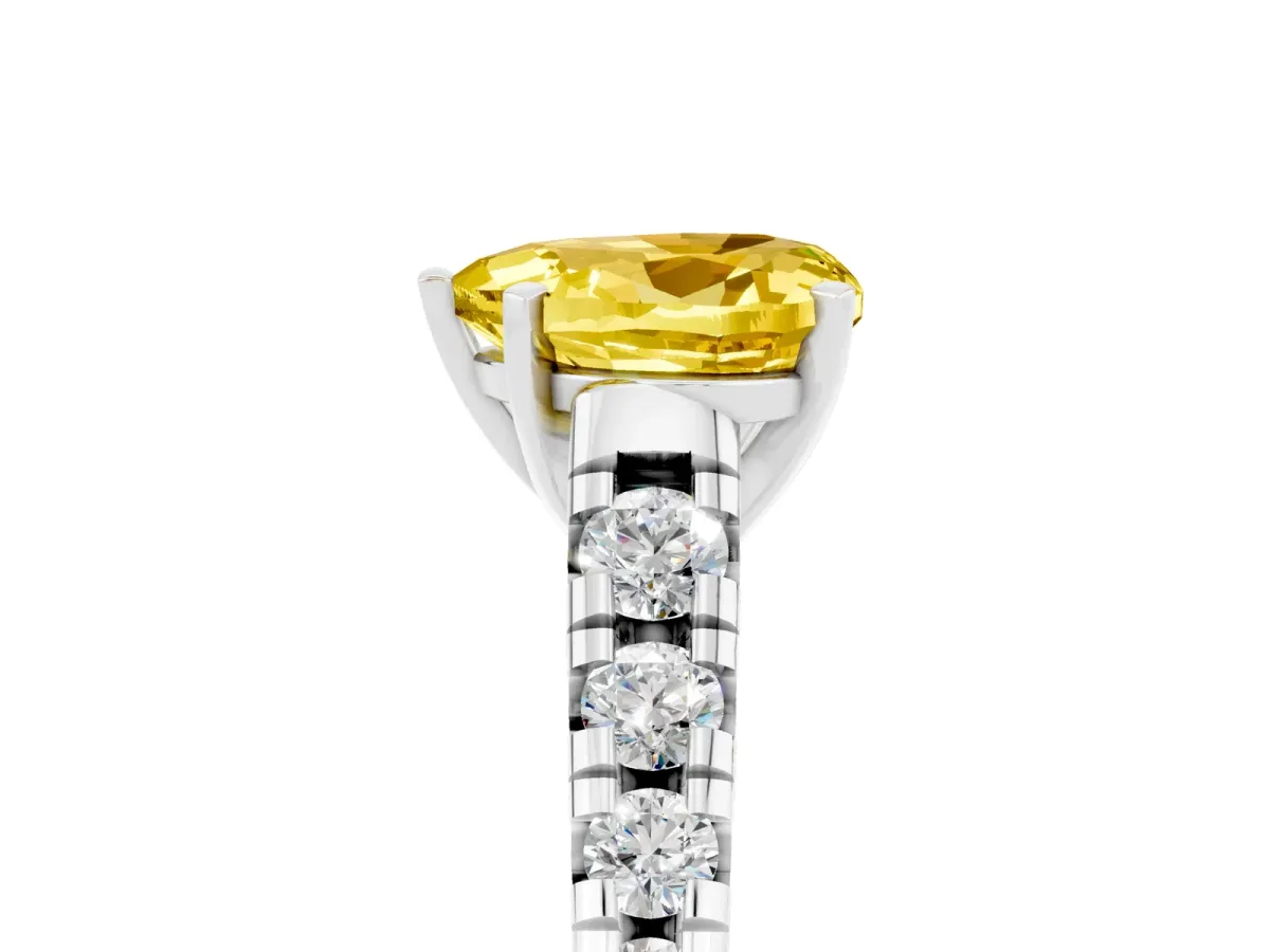 Heart Cut Yellow Sapphire Cathedral Solitaire Ring with Round Pavé Band Silver