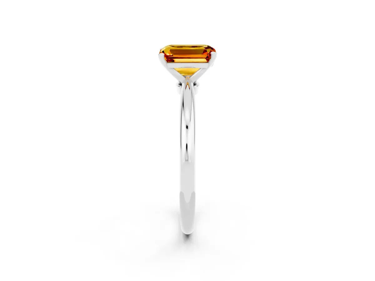 Emerald Cut Citrine Solitaire Ring with Six-Prong Setting and Classic Band Silver