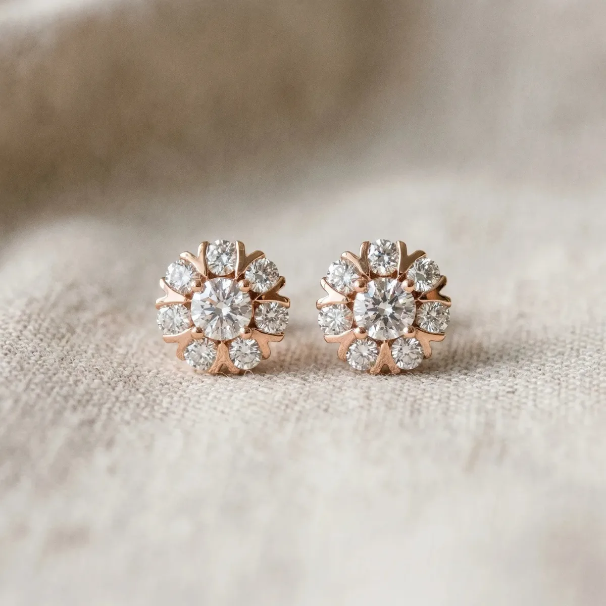 Round Cluster Diamond Stud Earrings with Prong Setting Rose gold