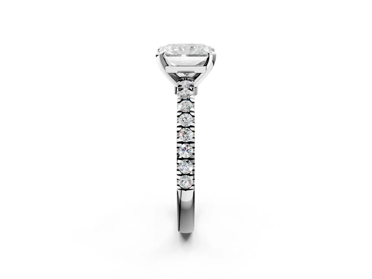 Radiant Cut Solitaire Diamond with Pavé Band and Four-Prong Setting Silver