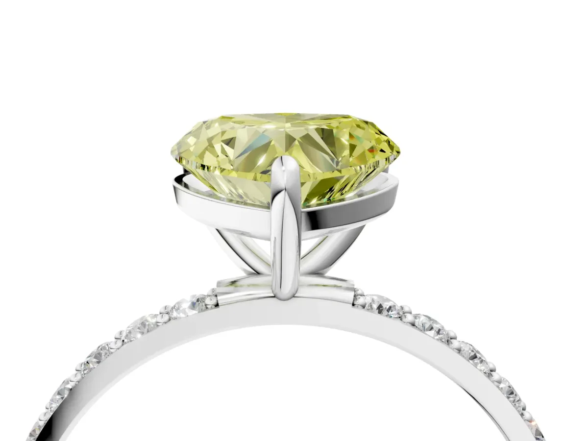 Fancy Yellow Heart Cut Diamond Solitaire Ring with Round Pavé Band and Prong Setting Silver