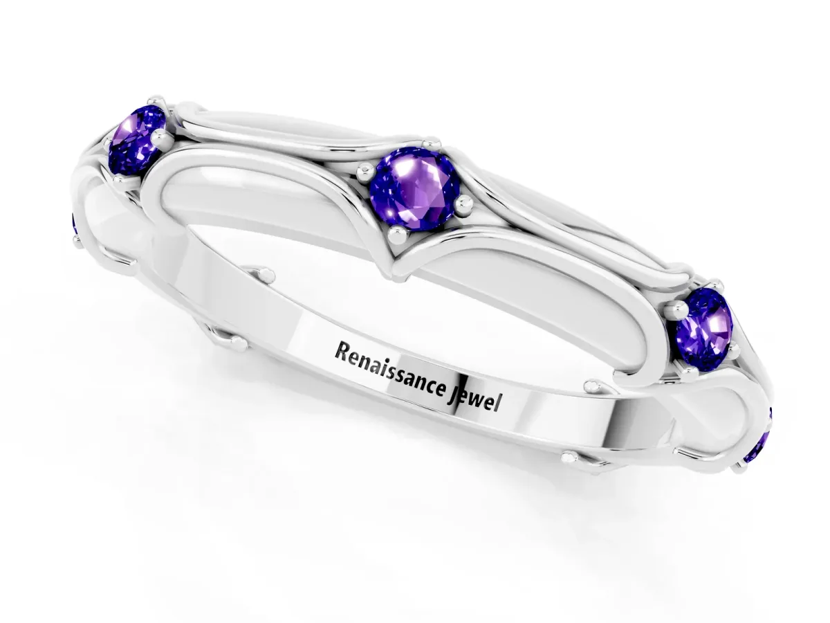 Round Tanzanite Prong Set Milgrain Eternity Band Platinum