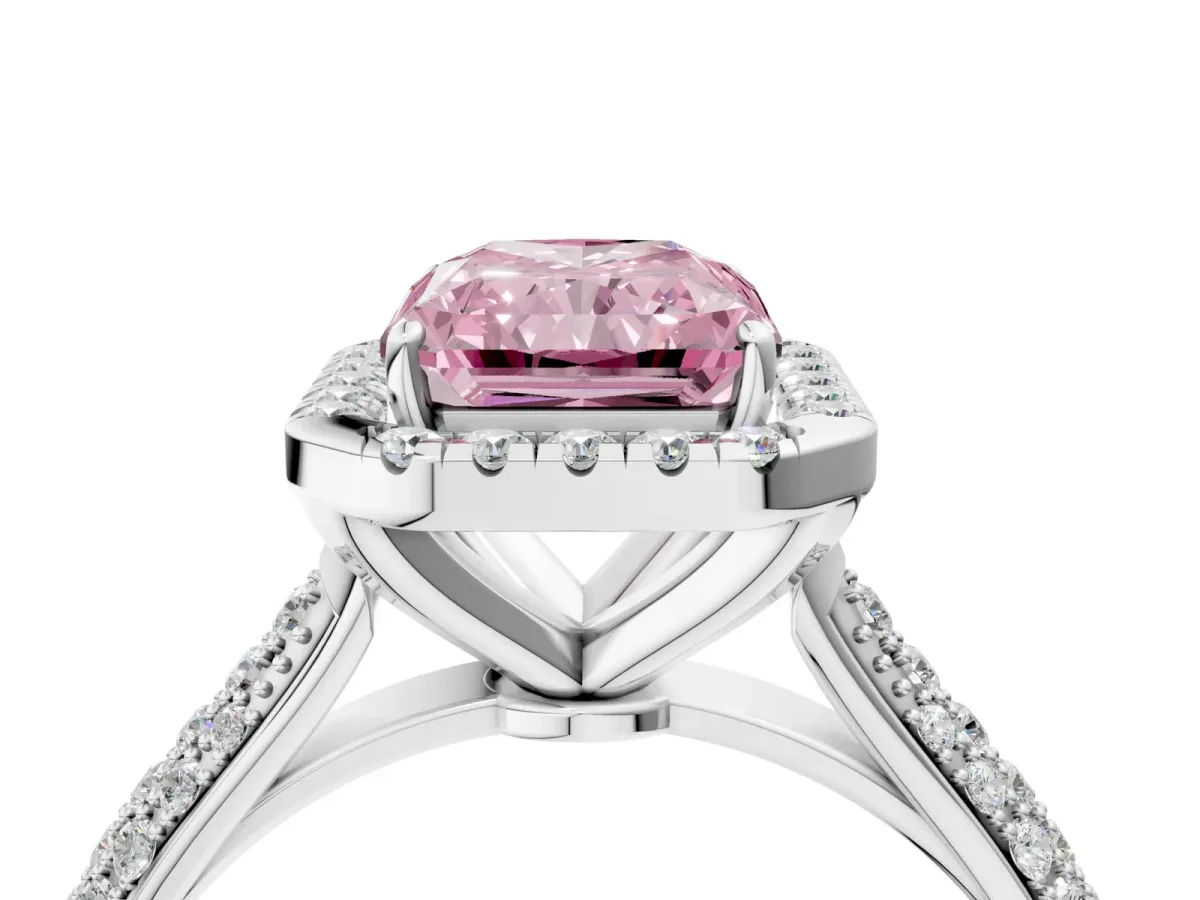 Fancy Pink Radiant Cut Halo Diamond Ring with Pavé Band Platinum