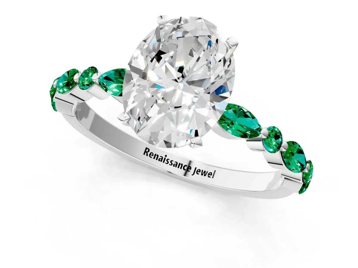 Oval Cut Diamond Ring with Marquise and Round Emerald Side Stones and Four-Prong Setting Silver