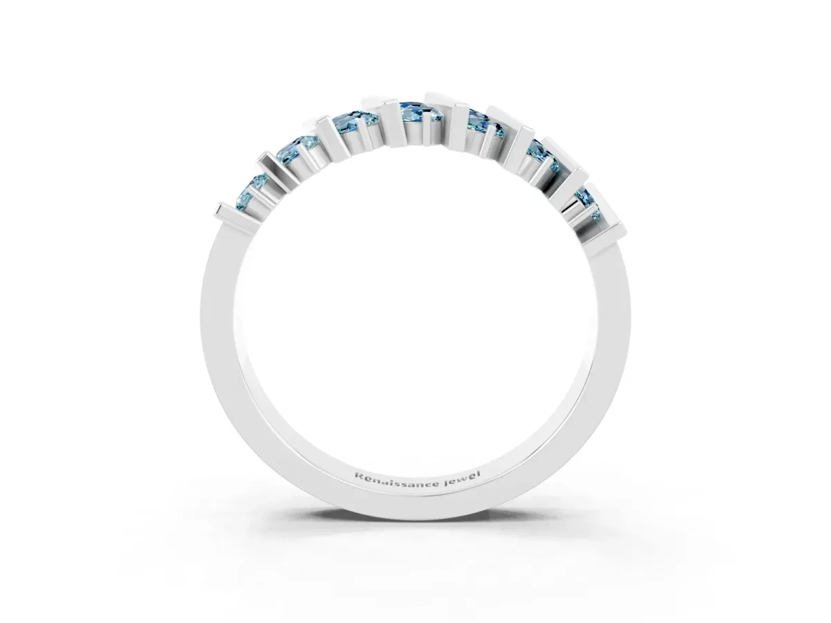 Channel Set Round Aquamarine Anniversary Band with Vertical Prongs Silver