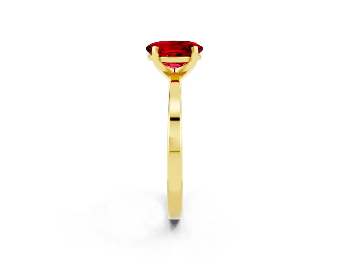 Oval Cut Ruby Solitaire Engagement Ring with Classic Band and Four-Prong Setting Yellow gold