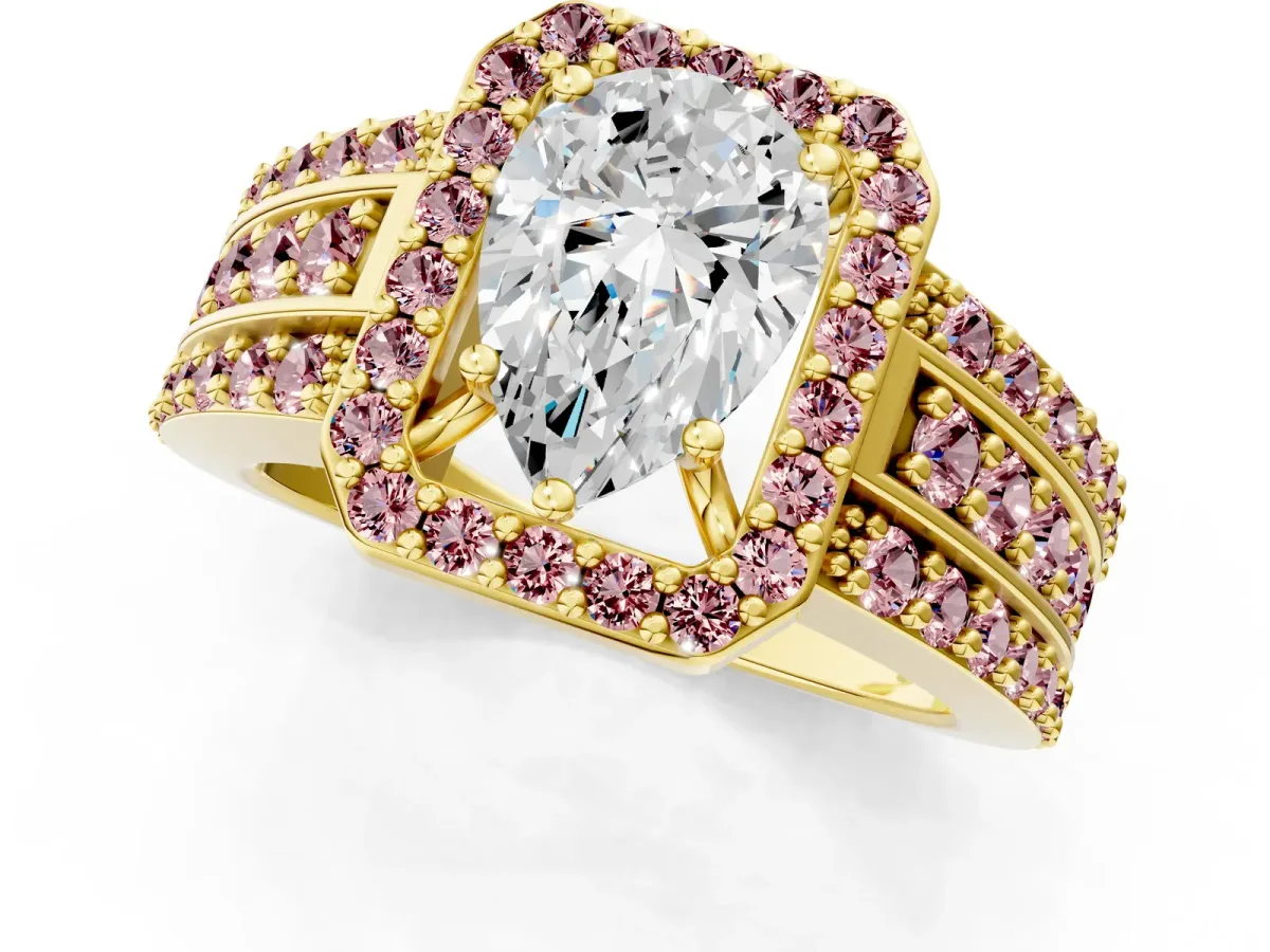 Pear Cut Halo Diamond Ring with Round Morganite Split Shank and Prong Setting Yellow gold