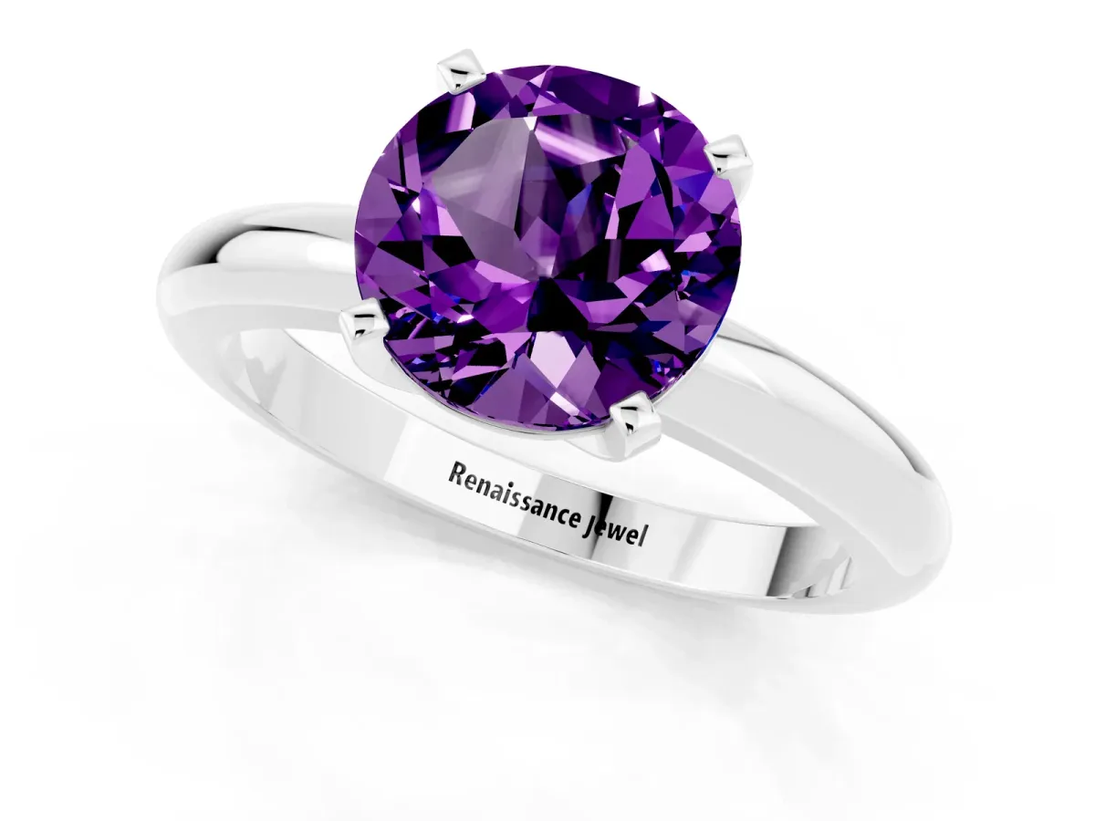 Round Cut Amethyst Solitaire Engagement Ring with Round Band and Four-Prong Setting Silver