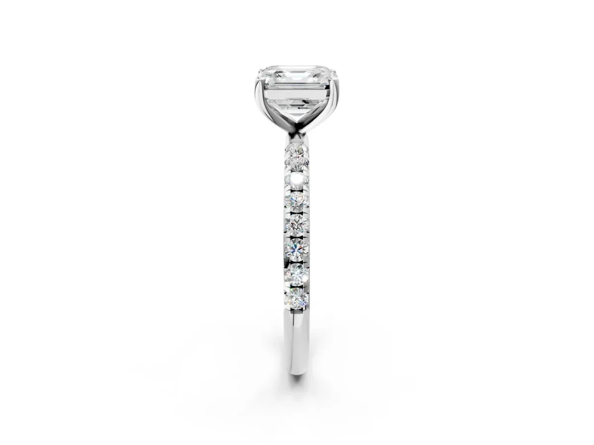 Asscher Cut Cut Diamond Solitaire Ring with Micro Pave Band and Four Prong Setting Platinum