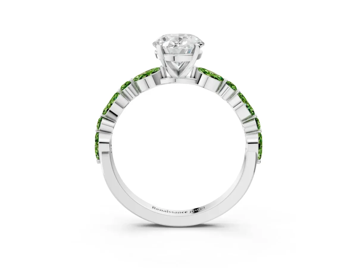 Oval Cut Diamond Ring with Marquise and Round Peridot Side Stones and Four-Prong Setting Silver