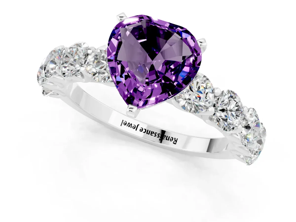Heart Cut Amethyst Prong Setting with Side Stones on a Pave Band Platinum