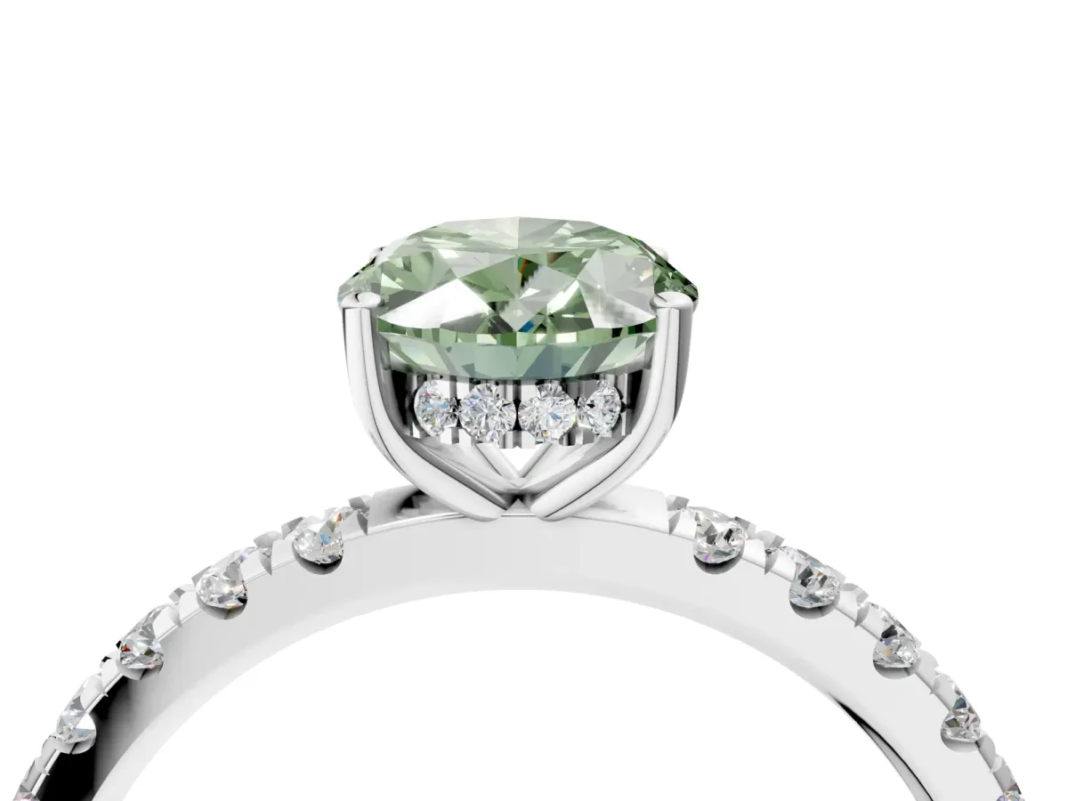 Fancy Green Oval Cut Diamond Pave Band Solitaire Ring with Round and Prong Setting Platinum