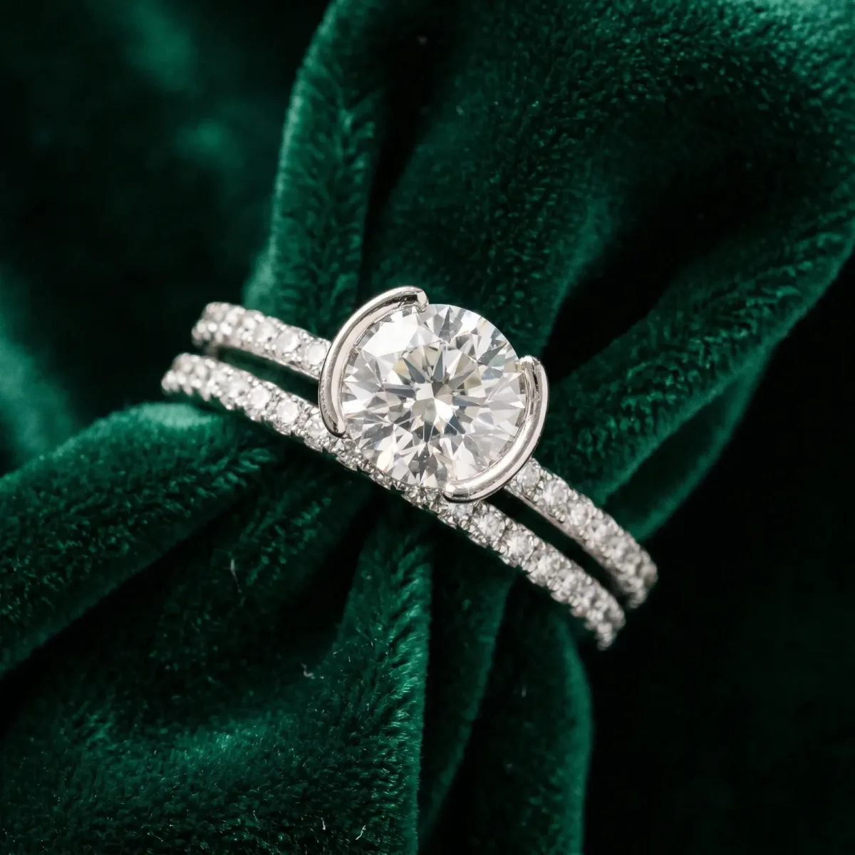 Round Cut Cut Diamond Pave Band Tension Setting Engagement Ring Silver