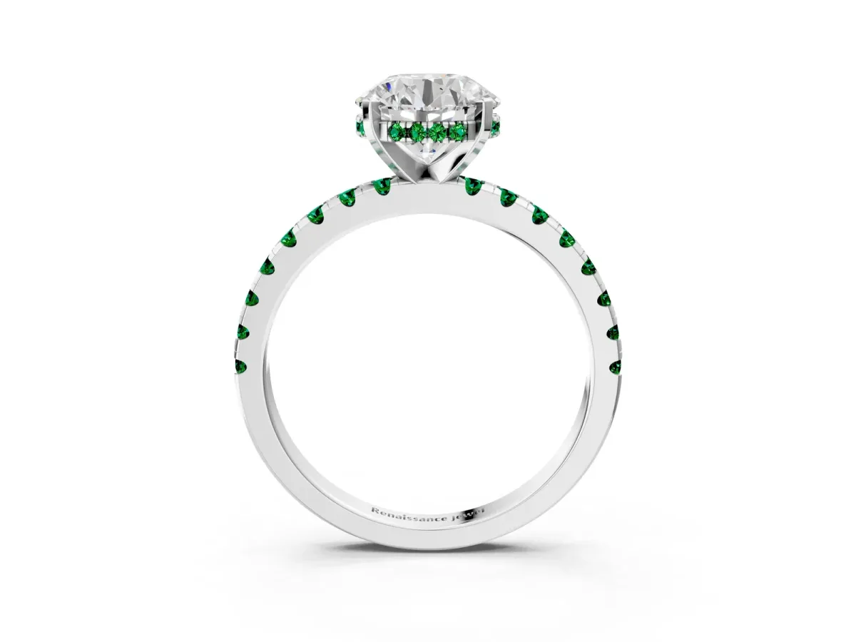 Round Cut Diamond Solitaire Ring with Round Emerald Pavé Band and Four-Prong Setting Silver