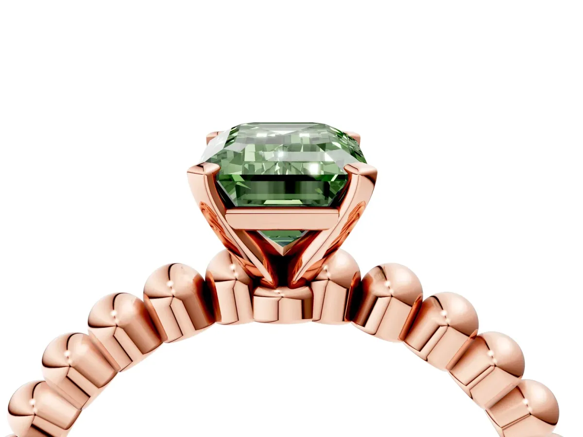 Fancy Green Emerald Cut Diamond Solitaire Ring with Beaded Band and Prong Setting Rose gold