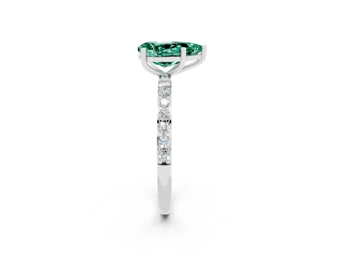 Pear Cut Green Sapphire Solitaire Ring with Round Pavé Band and Prong Setting Silver