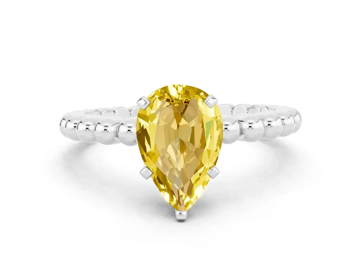 Pear Cut Yellow Sapphire Solitaire Ring with Beaded Band and Prong Setting Platinum
