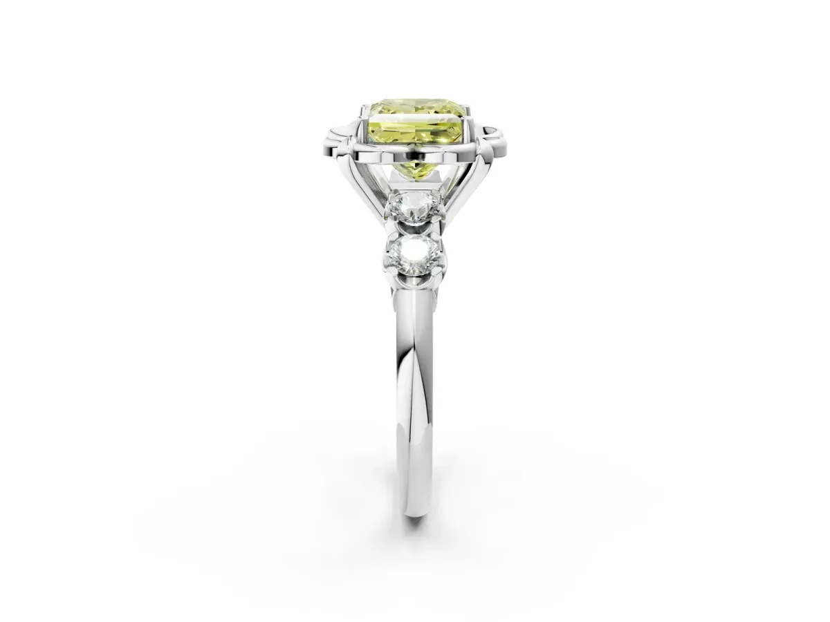 Fancy Yellow Princess Cut Cut Diamond Floral Halo Engagement Ring with Shared Prong Setting Silver