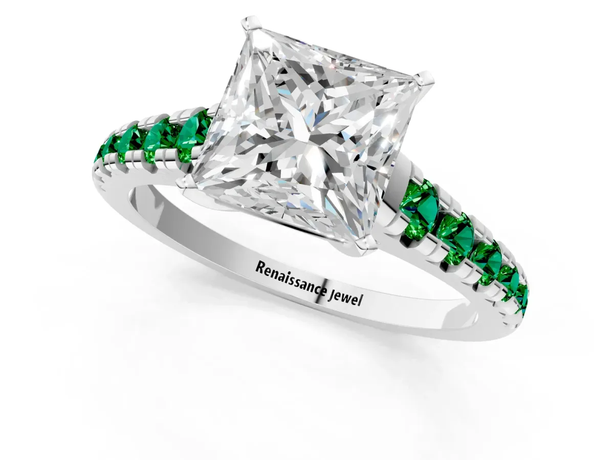 Princess Cut Diamond Cathedral Solitaire Ring with Round Emerald Pavé Band Silver