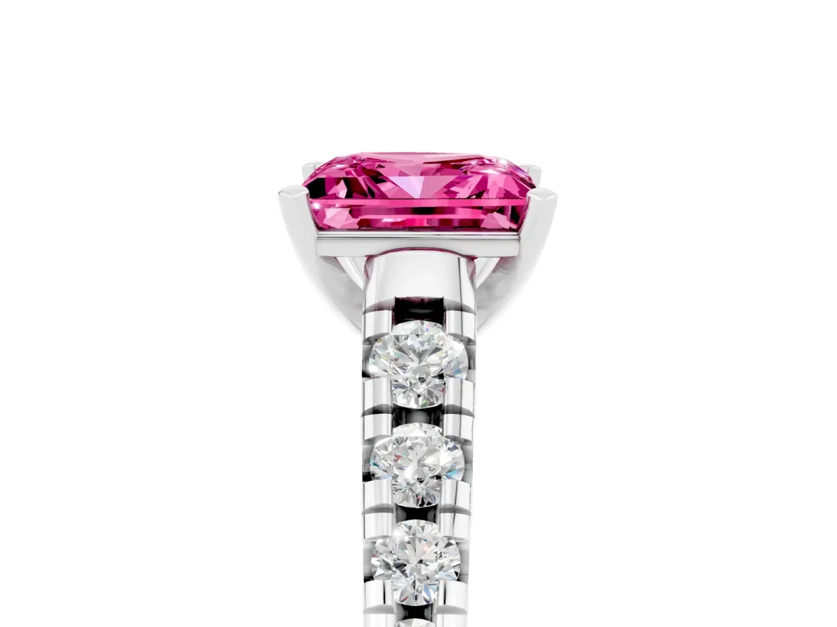 Princess Cut Pink Sapphire Cathedral Solitaire Ring with Round Pavé Band Silver