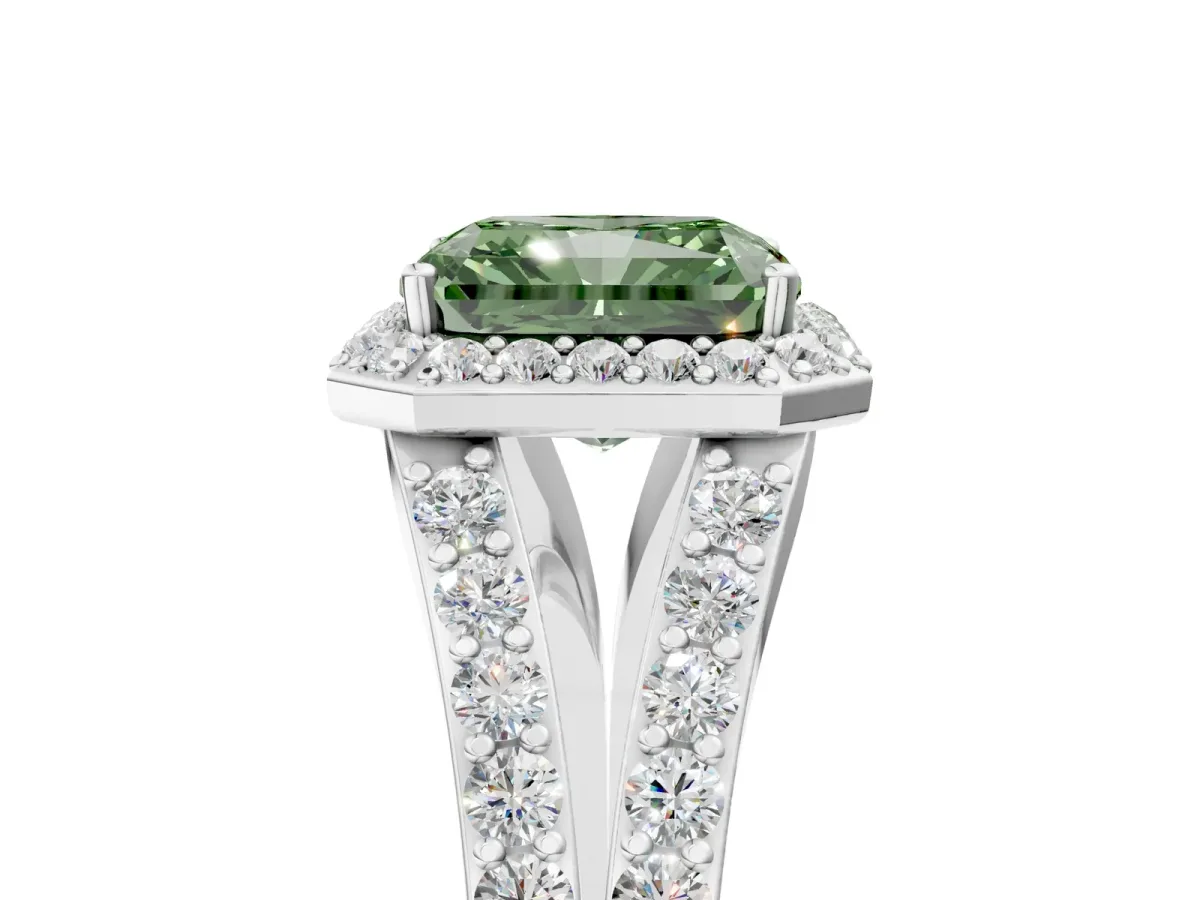 Fancy Green Radiant Cut Diamond Split Shank Halo Ring with Four-Prong Setting Platinum