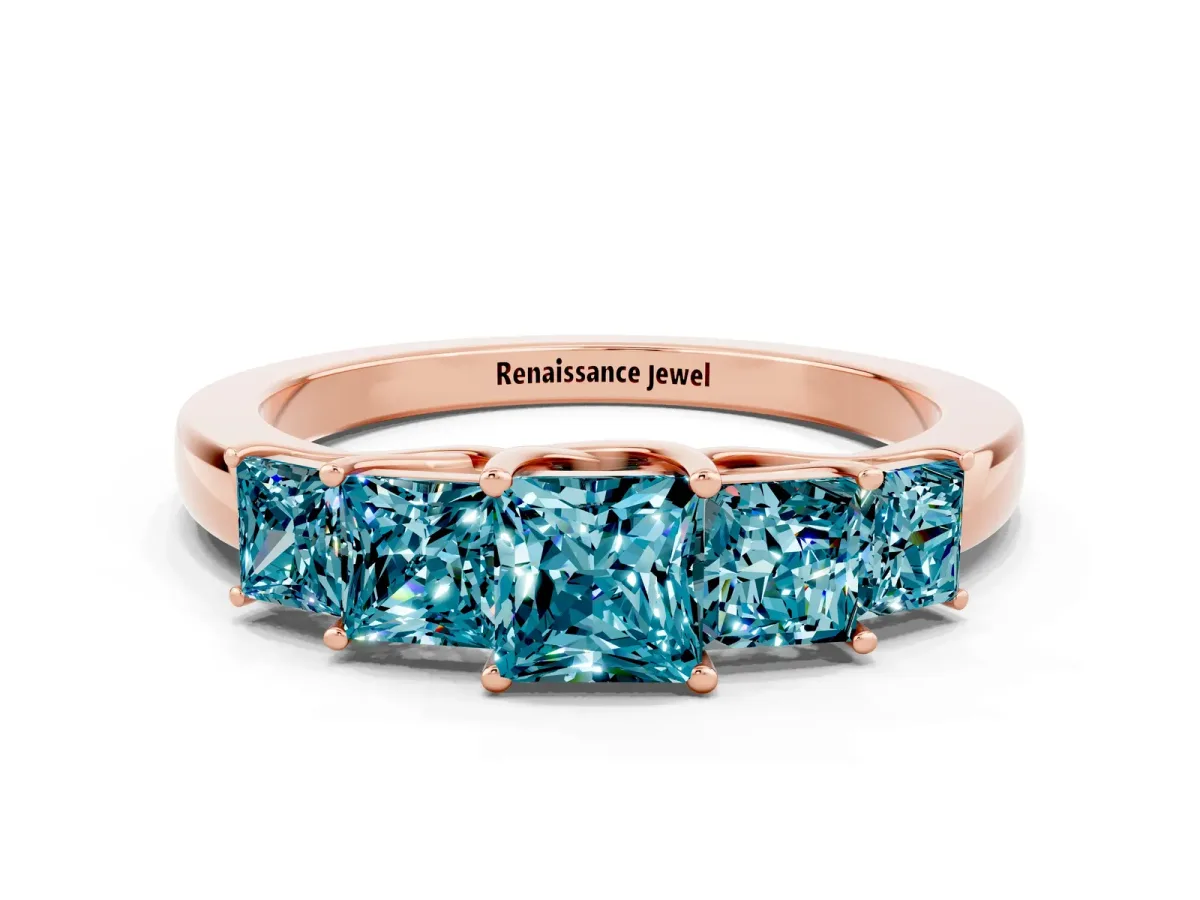 Princess Cut Five-Stone Blue Topaz Ring with Classic Prong Setting Rose gold