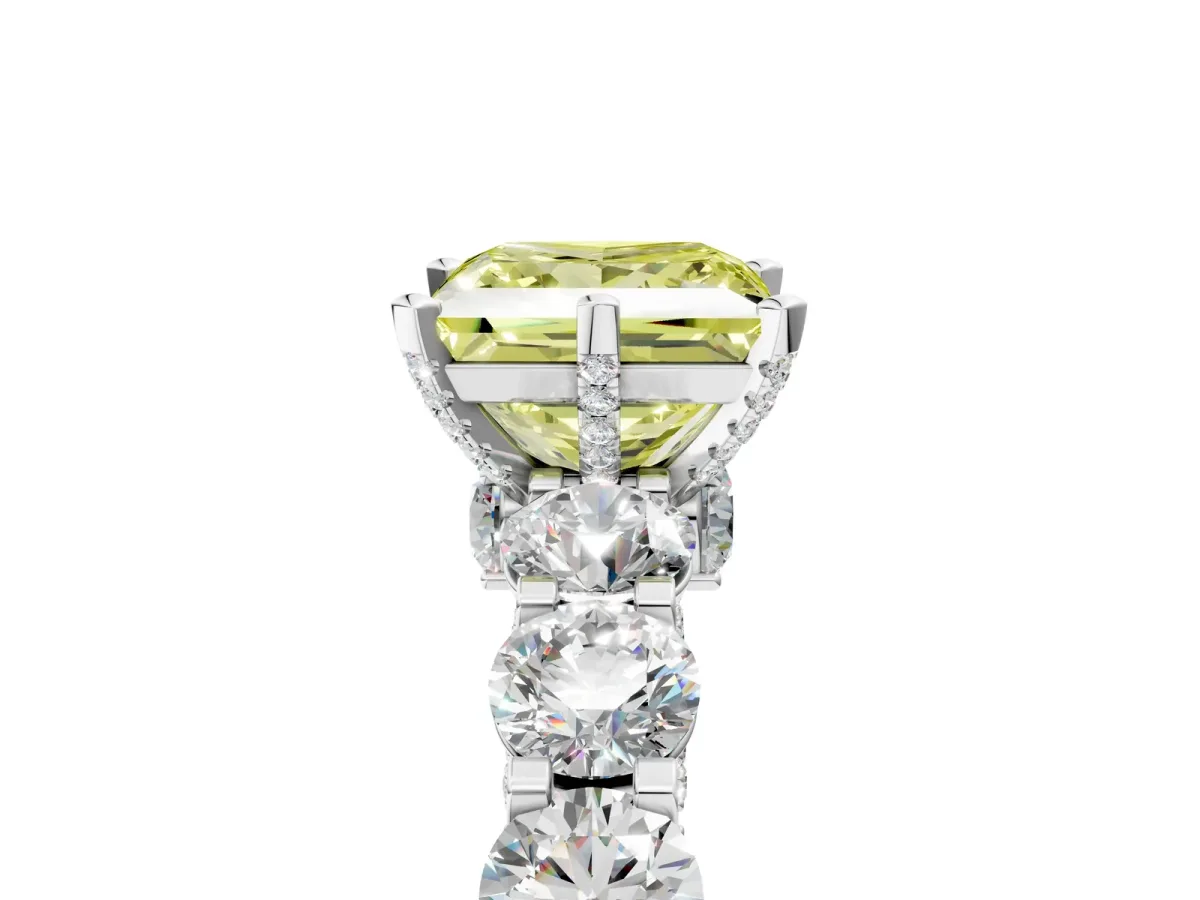 Fancy Yellow Princess Cut Diamond Side Stone Engagement Ring with Four-Prong Setting White gold