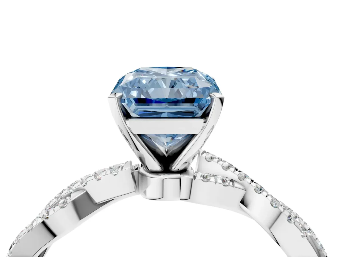 Fancy Blue Radiant Cut Solitaire Twisted Pave Band with Four-Prong Setting Platinum