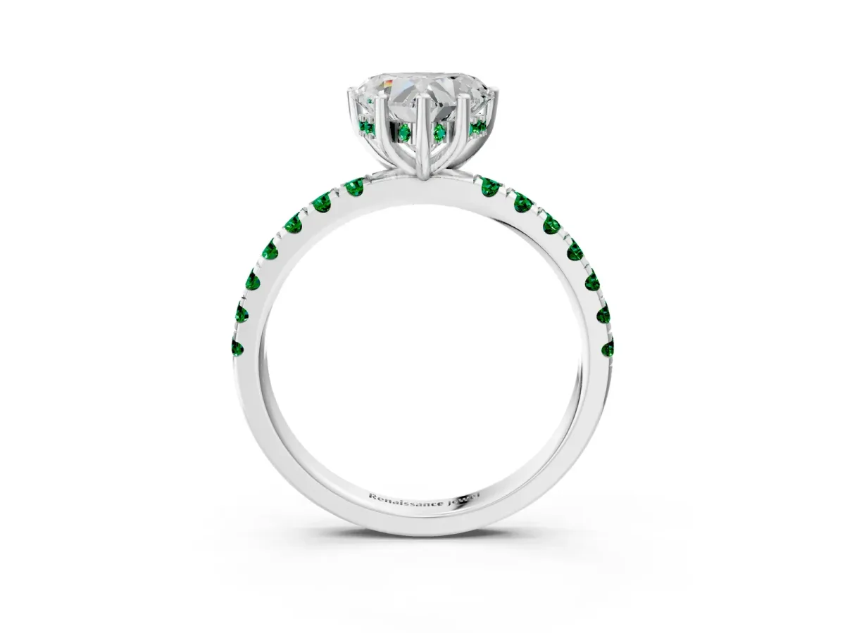 Heart Cut Diamond Pave Band Solitaire Ring with Round Emerald and Prong Setting Platinum