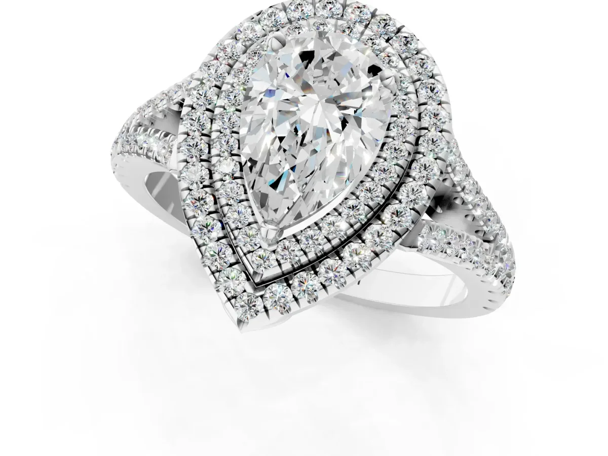 Pear Cut Diamond Double Halo Ring with Pavé Band and Prong Setting Silver