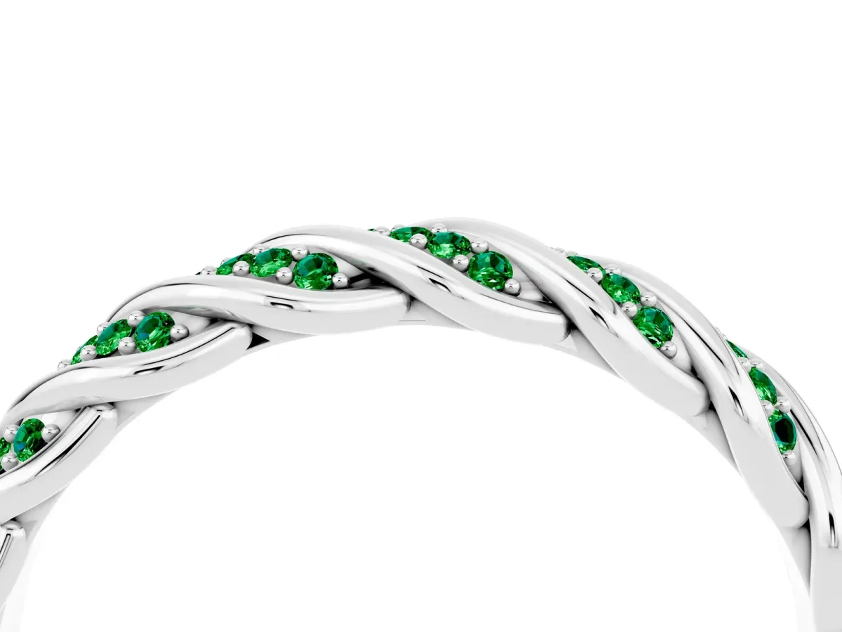 Twisted Pavé Round Emerald Eternity Band with Shared Prong Setting Platinum
