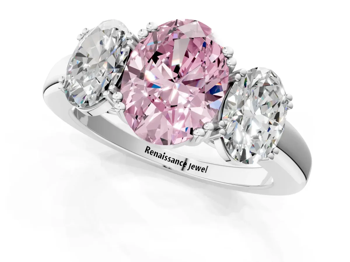 Fancy Pink Three-Stone Oval Cut Cut Diamond Ring with Channel Set Band and Four-Prong Setting Silver