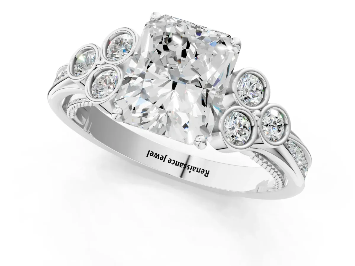 Radiant Cut Cut Diamond Engagement Ring with Bezel Set Round Side Stones and Prong Setting Platinum