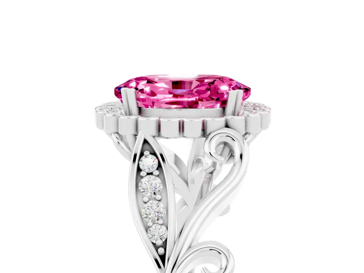 Oval Cut Pink Sapphire Halo Ring with Vintage Split Shank and Four-Prong Setting Silver