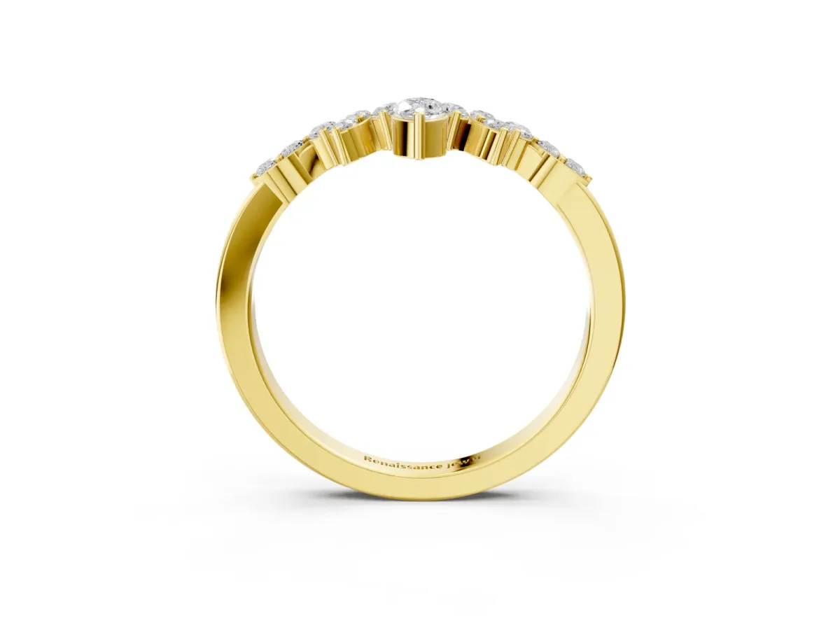 Marquise and Round Diamond Chevron Band with Prong Setting Yellow gold