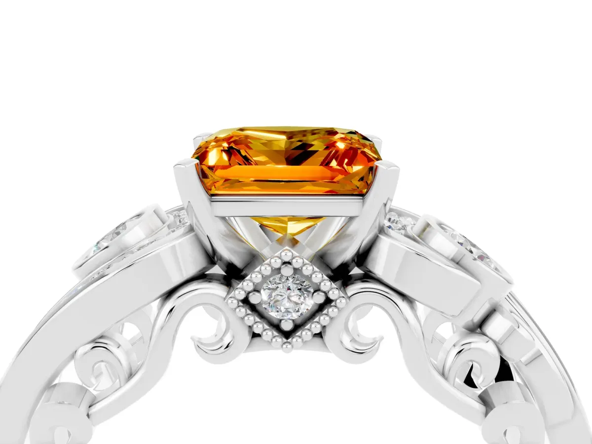 Princess Cut Citrine Solitaire Ring with Milgrain Pavé Band and Four-Prong Setting Silver